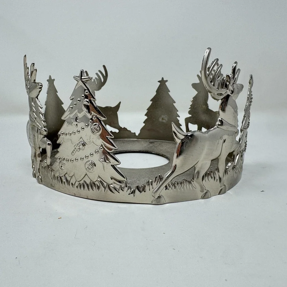 VTG International Silver Holiday Reindeer Tree Candle Pillar Holder 6
